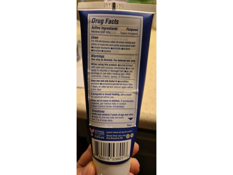 ASUTRA Muscle Pain Relief Cream, Menthol, 3.4 fl oz/96 g