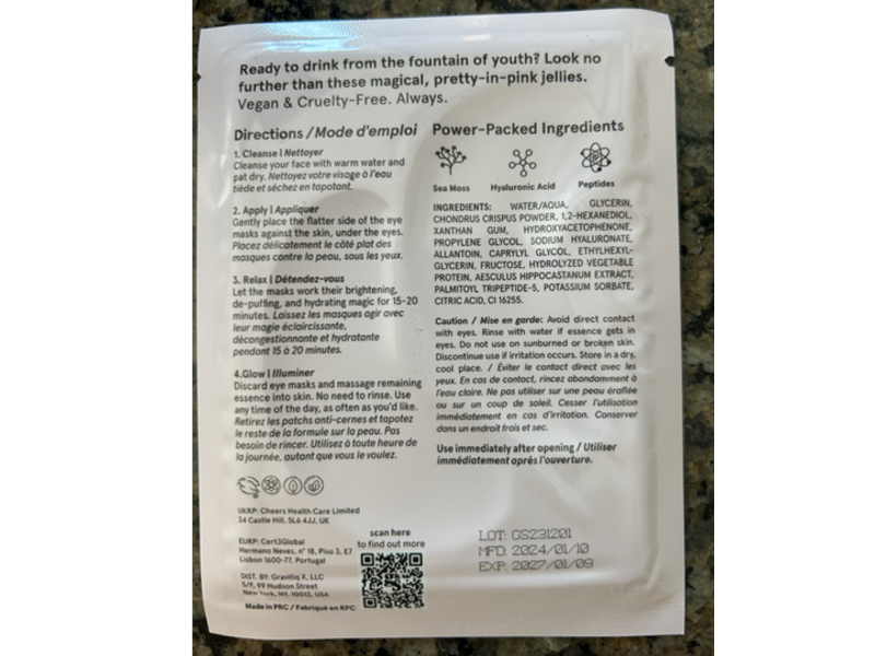 Grace & Stella Moisturizing Eye Mask, Pink, 0.2 fl oz/6 g, 1 Pair