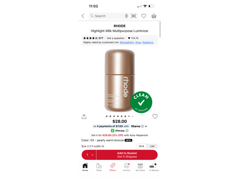 Rhode Highlighting Milk Multipurpose Luminizer, 03 Pearly Warm Bronze, 2.2 fl oz/65 mL