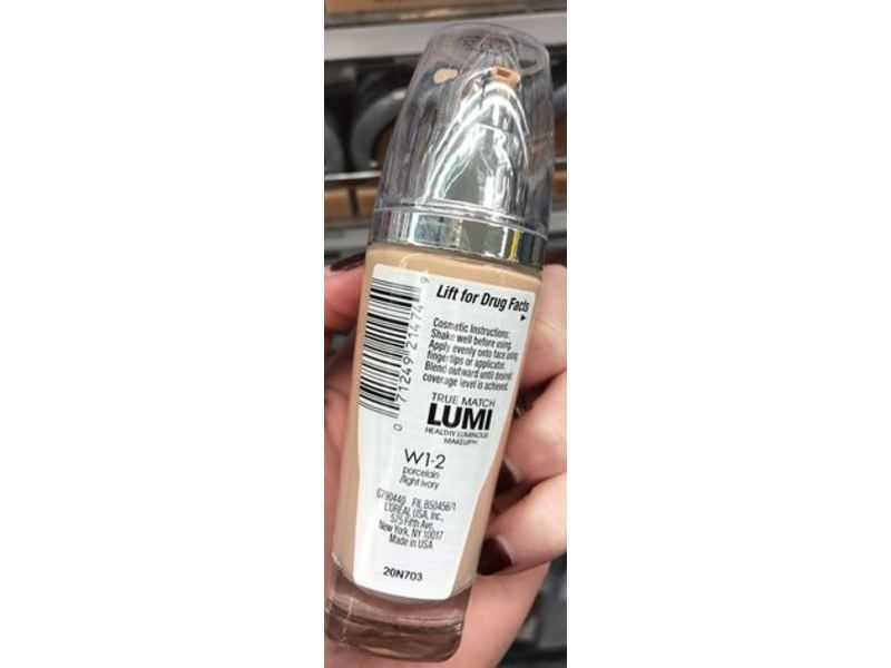 L'Oreal Paris True Match Lumi Healthy Luminous Makeup, W1-2 Porcelain/Light Ivory, SPF 20, 1 fl oz/30 mL