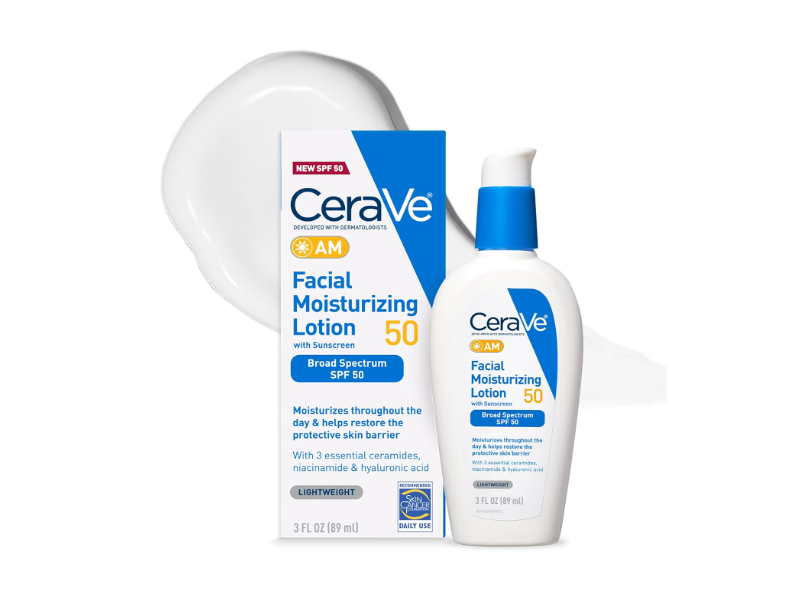 CeraVe AM Facial Moisturizing Sunscreen Lotion, SPF 50, Lightweight, 3 fl oz/89 mL