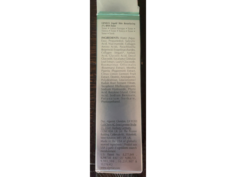 Algenist Genius Liquid Skin Resurfacing Toner, 2% BHA , 3.4 fl oz/100 mL