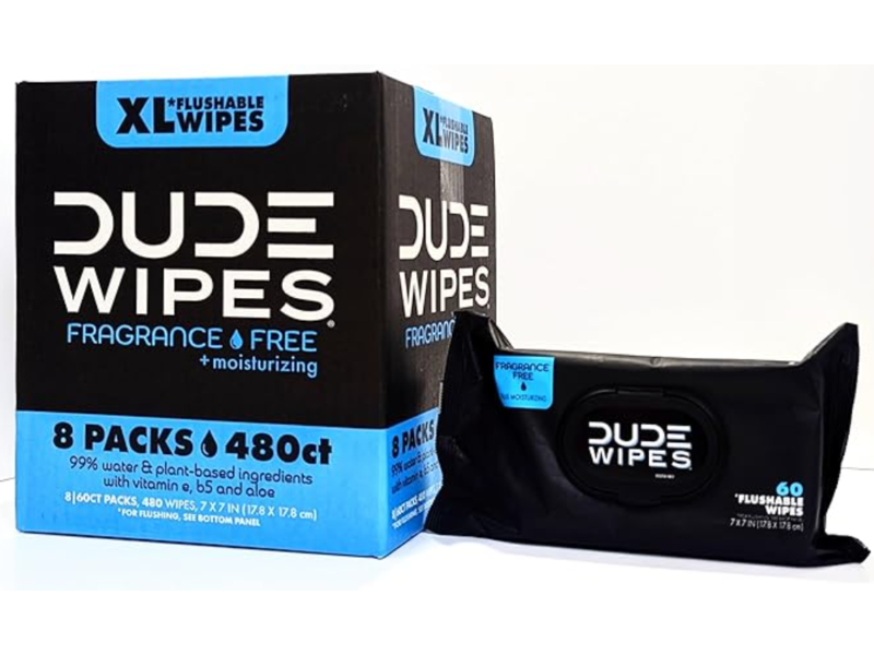 Dude Wipes XL Flushable Wipes, Fragrance Free, Pack Of 8, 480 Count