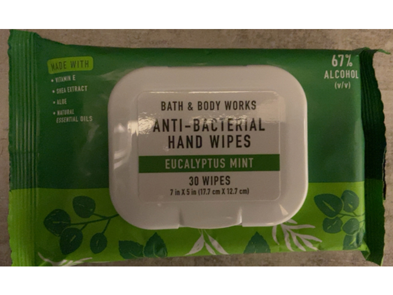 Bath & Body Works Anti-Bacterial Hand Wipes, Eucalyptus Mint, 30 Count, Pack Of 2