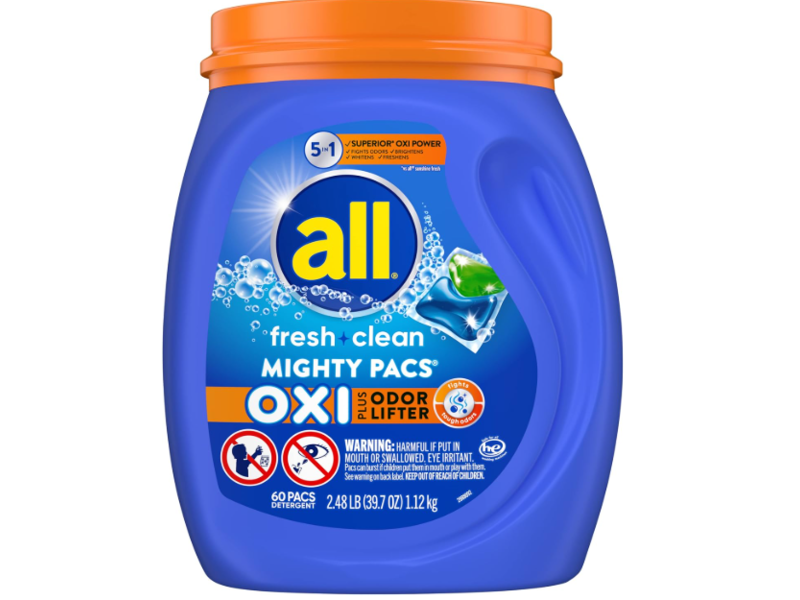 All Oxi Plus Odor Lifter Mighty Pacs Detergent Pacs, Fresh Clean, 39.7 oz/1.12 kg, 60 Count