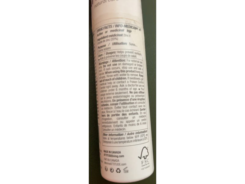 Attitude Oatmeal Mineral Sunscreen Face Stick, SPF 30, 1 oz/30 g