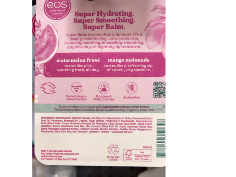 Eos Moisture Super Lip Balm, Watermelon Frose & Mango Melonade, 0.35 fl oz/10 mL, Pack Of 2