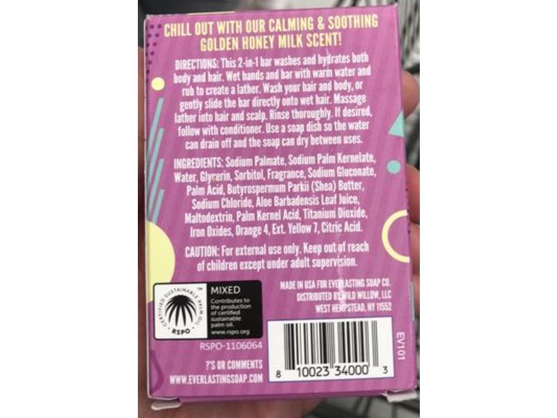 The Everlasting Soap Co. Calming Solid Shampoo + Soap Bar, Golden Honey Milk Scented, 3.5 oz/99g