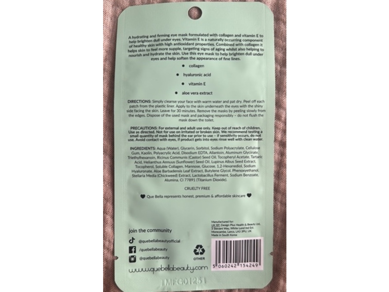 Que Bella Hydrate & Firm Eye Mask, Collagen & Vitamin E, 1 Pair