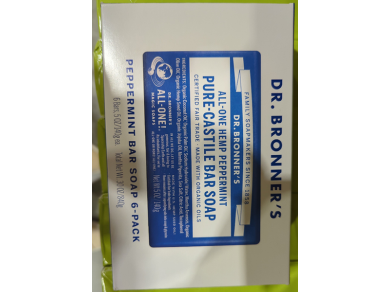 Dr Bronner's Pure Castille Bar Soap, Peppermint, 30 oz/840 g, Pack Of 6