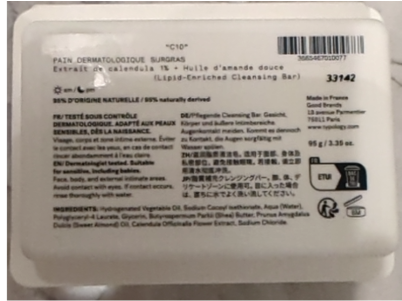 Typology Lipid-Enriched Cleansing Bar, 1% Calendula Extract + Sweet Almond Oil, 3.35 fl oz/95 g