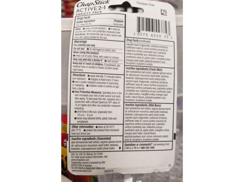 Chapstick 2-In-1 Sunscreen Lip Balm, Fresh Mint + Wild Berry, 0.18 oz/5 g, Pack Of 3