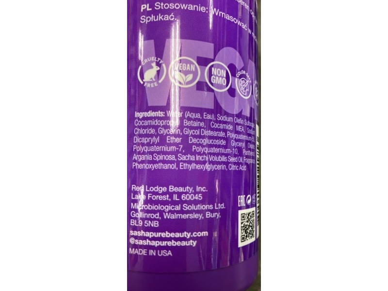 SashaPure Hydrate Shampoo, 15 fl oz/443 mL