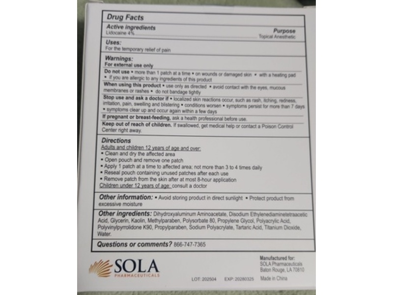 Sola Pharmaceuticals Lidocaine 4% Topical Pain Patch, 30 Count