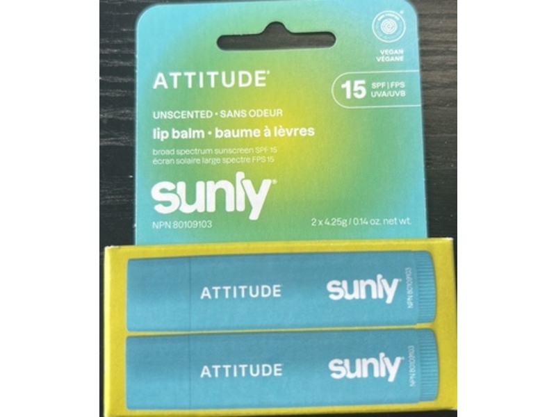 Attitude Sunly Lip Balm, Unscented SPF 15, 0.14 oz/4.25 oz, Pack Of 2