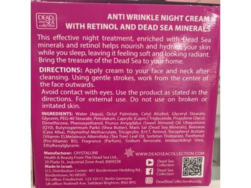 Dead Sea Collection Retinol Anti Wrinkle Night Cream, Paraben Free, 1.69 fl oz/50 mL
