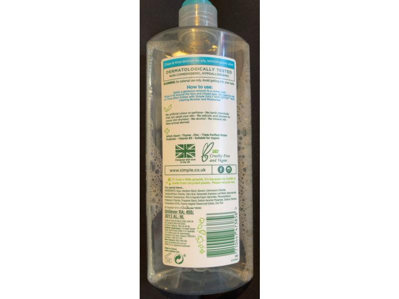 Simple Daily Skin Detox Oil Be Gone Micellar Water, 400 mL