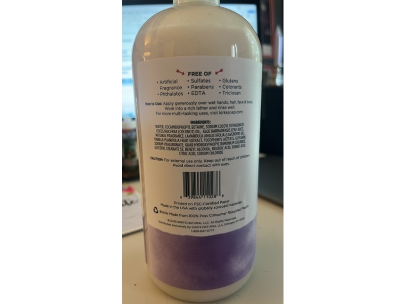 Kirk's 3-in-1 Head to Toe Nourishing Liquid Cleanser, Lavender & Vanilla, 32 fl oz/946 mL