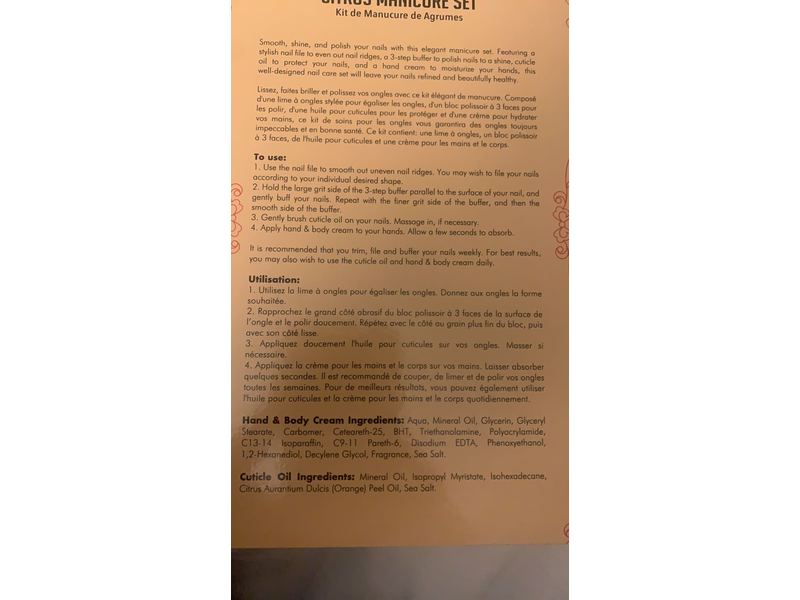 Beautyfrizz Citrus Nail Buffer Set - Nail Kit with 3-Sided Buffer, Cuticle Oil and Hand and Body Cream