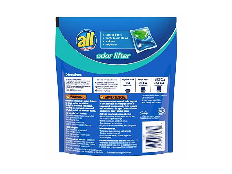 All with Stainlifters Odor Lifter 4-In-1 Mightypacs Detergent, 13.4 oz/380 g, 19 Count