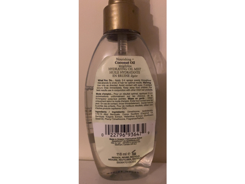 Ogx Weightless Hydrating Oil Mist, Coconut Oil, 4 fl oz/ 118 mL, Pack Of 2