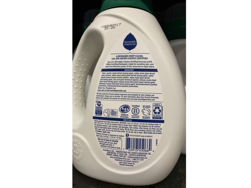 Seventh Generation Sensitive Skin Laundry Detergent, Free & Clear, 30 Loads, 45 fl oz/1.3 L