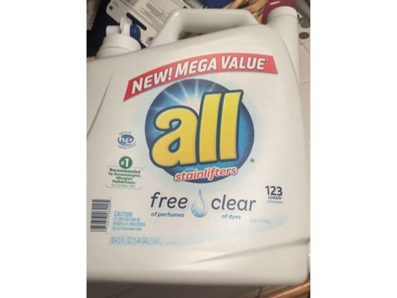 All With Stainlifters Detergent, Free & Clear, 123 Loads, 184.5 fl oz/5.45 L, Pack Of 2