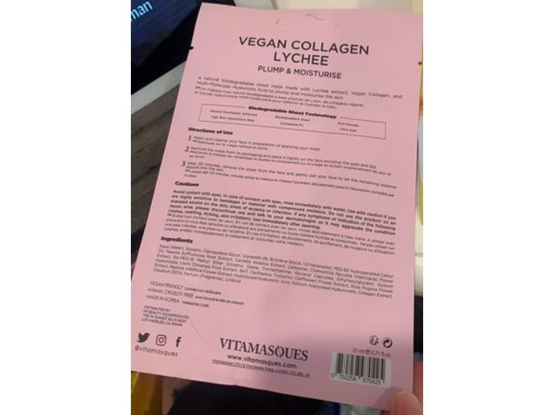 Vitamasques Vegan Collagen Sheet Mask, Lychee, 1 Count