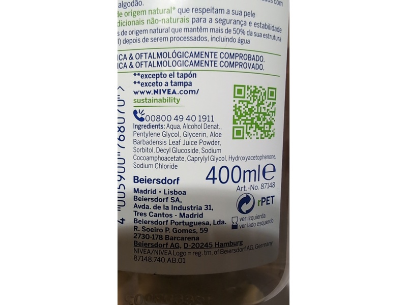 Nivea Naturally Good Water Micellar Water, Aloe Vera, 400 mL