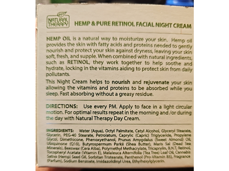 Natural Therapy Facial Night Cream, Hemp & Pure Retinol, 1.69 fl oz/50 mL