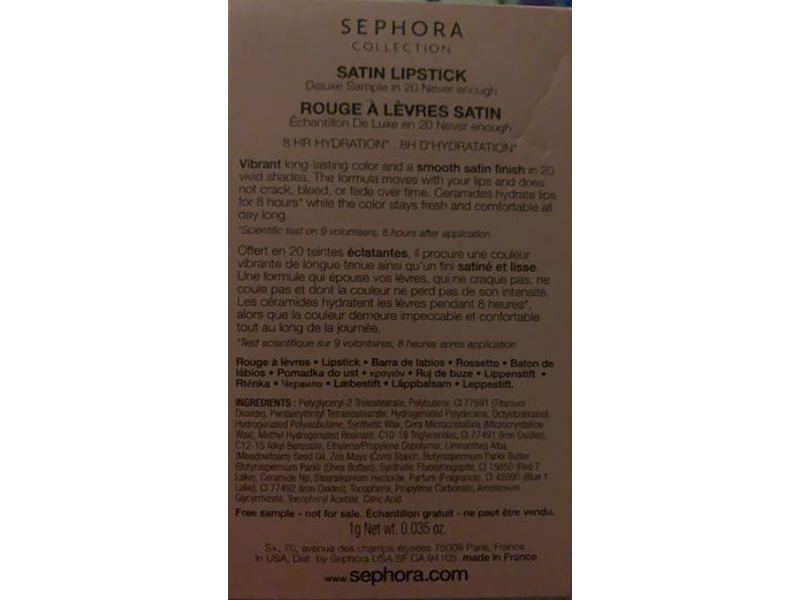 Sephora Collection Satin Lipstick, 20 Never Enough, 0.035 oz/1 g