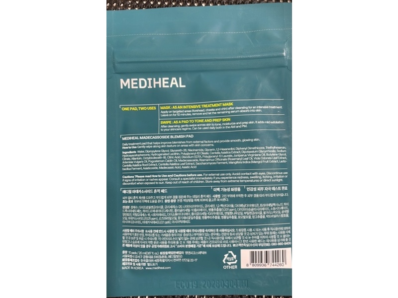 Mediheal Madecassoside Blemish Pad, 0.67 fl oz/20 mL, 10 Count
