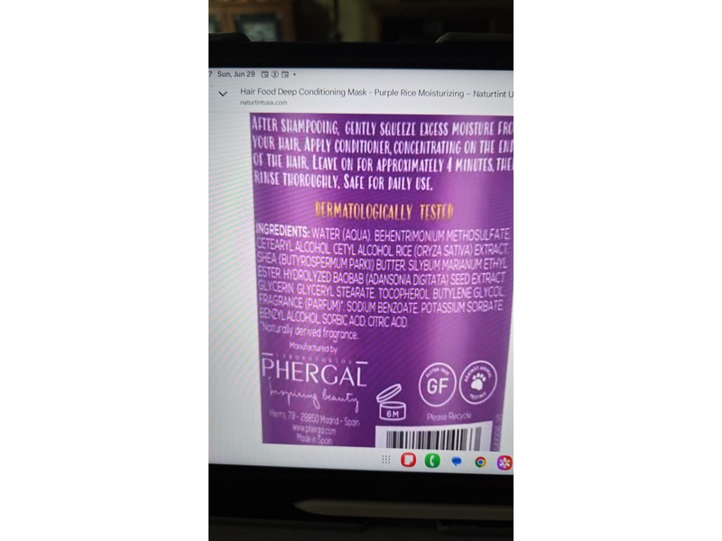 Naturtint Hair Food Moisturizing Mask, Purple Rice, 5.07 fl oz/150 mL