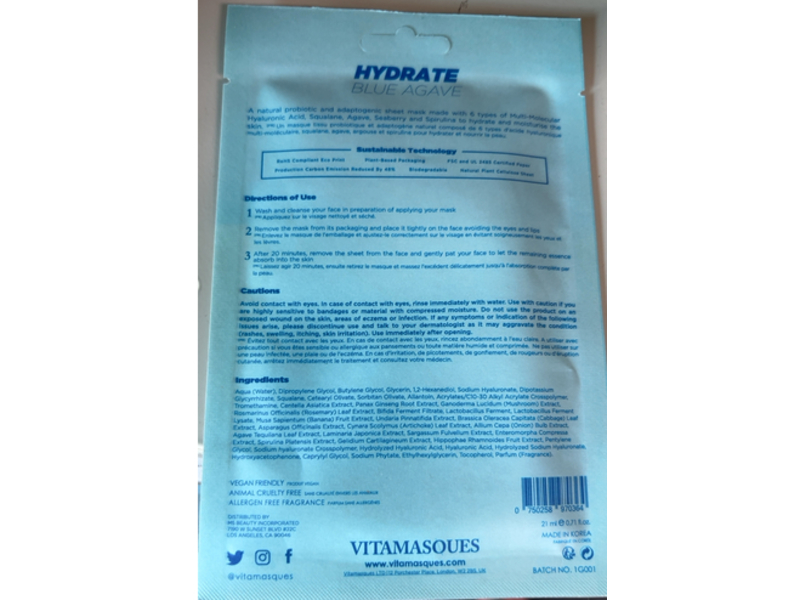 Vitamasques Sustainable Hydrate Biodegradable Sheet Mask & Eco-pouch, Blue Agave, 0.74 fl oz/21 mL