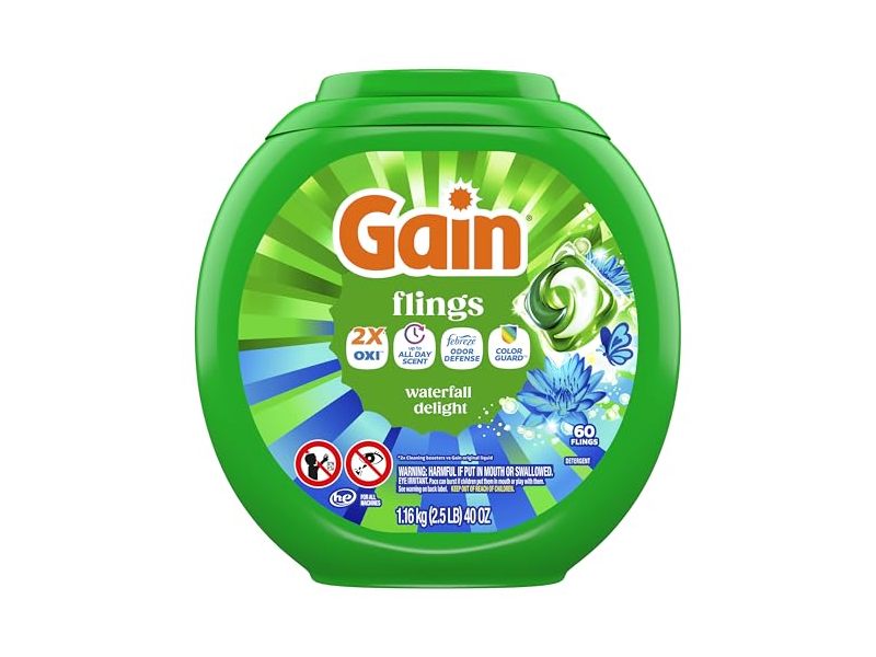 Gain +Ultra OXI Liquid Washing Detergent Pacs, Waterfall Delight, 40 oz/1.16 kg, 60 Count