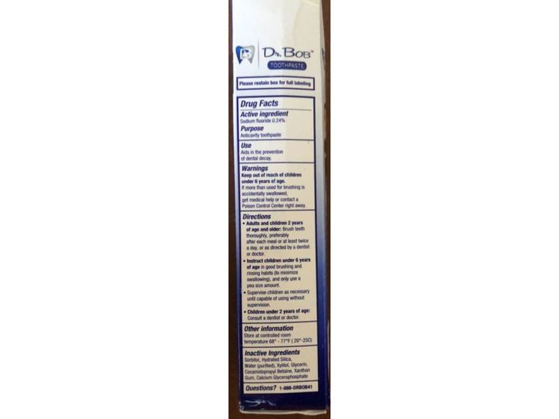 Dr. Bob Anticavity Fluoride Toothpaste, Unflavored, 4 oz/ 113 g