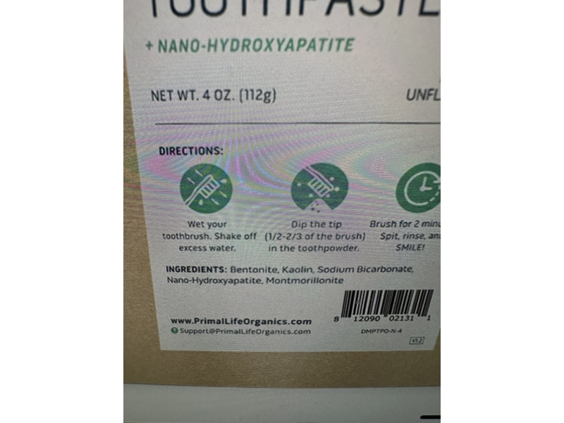 Primal Life Powdered Mineral Toothpaste, Freshly Unflavored, 4 oz/112 g