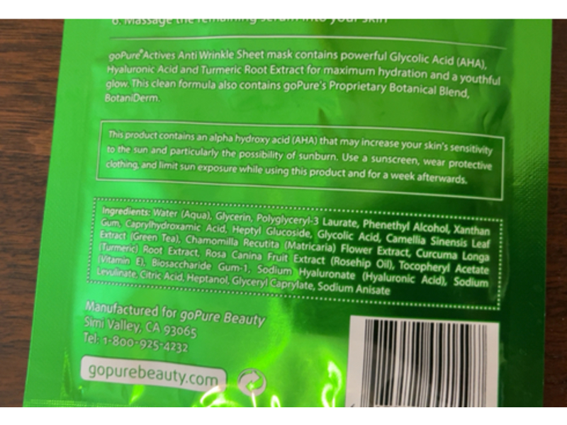 Gopure Actives Anti Wrinkle Sheet Mask, Glycolic Acid, Hyaluronic Acid, Turmeric, 0.67 fl oz/200 mL, Pack Of 4