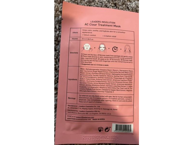 Leaders Ac Clear Treatment Cotton Mask, Paraben Free, 0.84 fl oz/25 mL