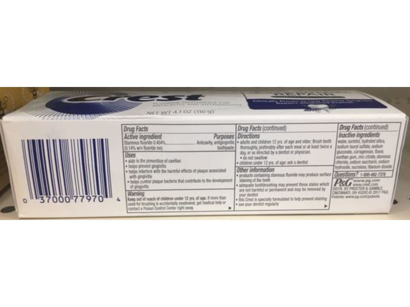 Crest Fluoride Toothpaste, Gum & Enamel Repair, Advanced Whitening, 4.1 oz/116 g