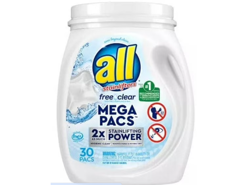 all With Stainlifters Mega Laundry Detergent Pacs, Free Clear, 44.44 oz/1.26 kg, 30 Count