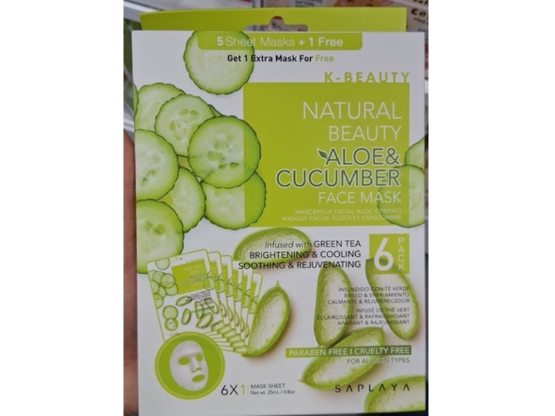 Saplaya Natural Beauty Face Mask, Aloe & Cucumber, 0.8 oz/25 mL, 6 Count
