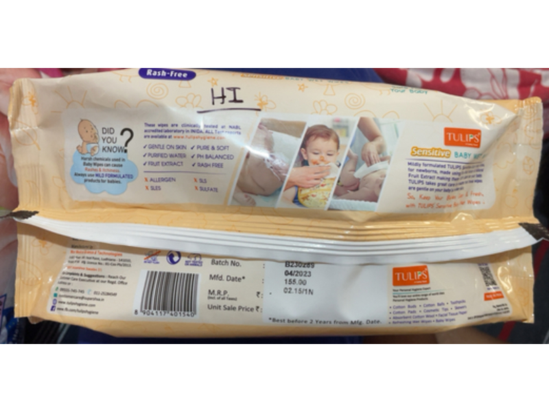 Tulips Sensitive Baby Wet Wipes, Peach Fruit, 72 Count, Pack Of 2