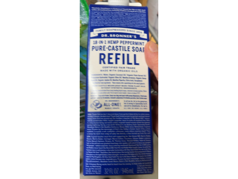 Dr. Bronner's 18 - In - 1 Pure - Castile Soap Refill, Hemp Peppermint, 32 fl oz/946 mL
