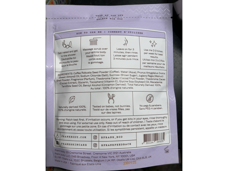 Frank Body Scrub, Cacao Coffee, 7.05 oz/200 g