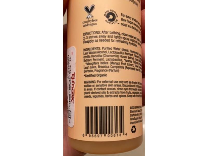 Raw Sugar Face + Body Hydrating Mist, Unfiltered, Pineapple + Mango, 4 fl oz/118 mL