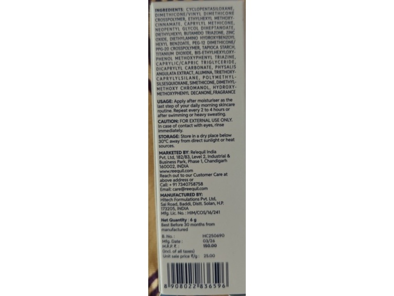 Re'equil Ultra Matte Dry Touch Sunscreen SPF 50, PA++++, 6 g/0.21 oz