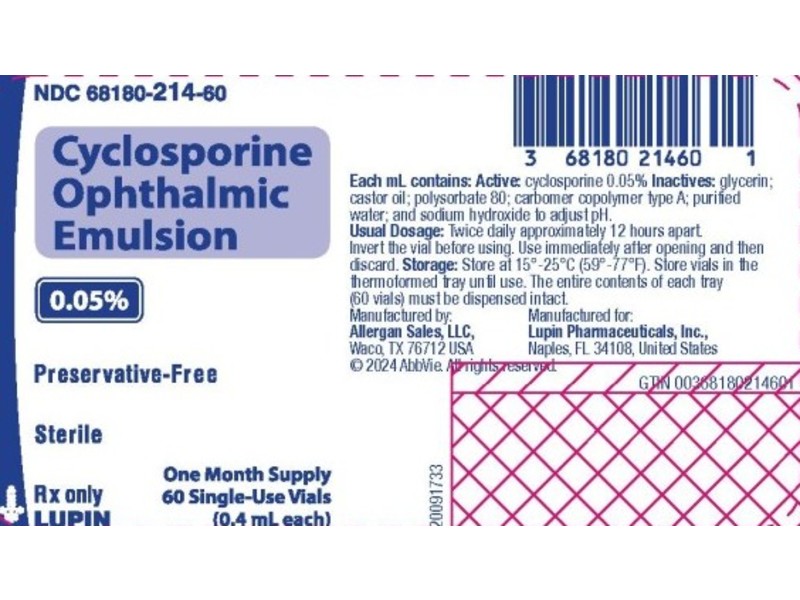 Cyclosporine Ophthalmic Emulsion 0.05%, 0.4 ml vials, Lupin (Rx)