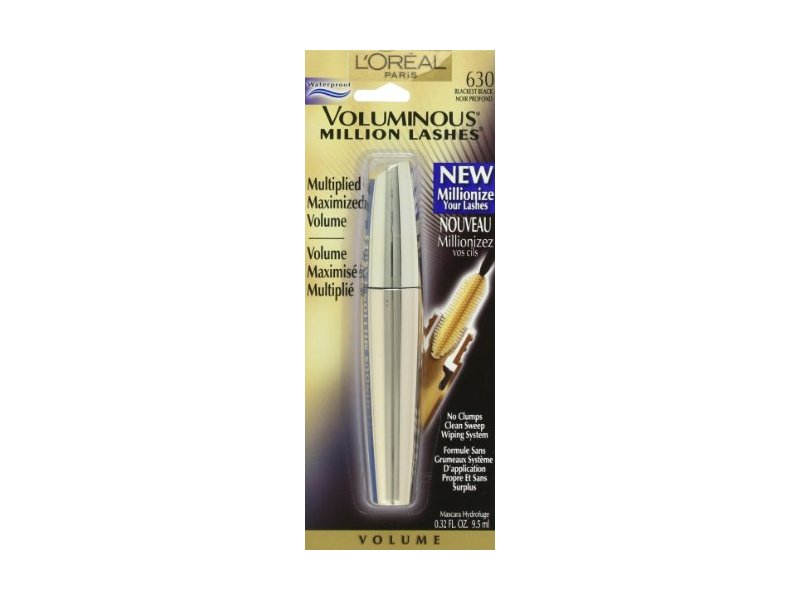 L'Oreal Paris Voluminous Million Lashes Mascara, 630 Blackest Black, Waterproof, 0.32 fl oz/9.5 ml