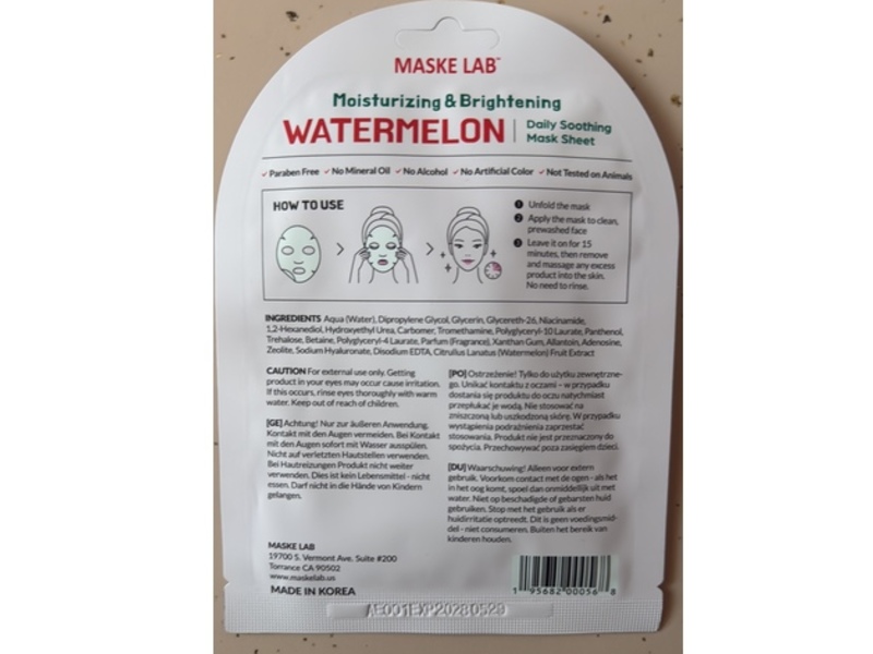 Maske Lab Moisturizing & Brightening Face Mask, Watermelon, 0.95 oz/27 g